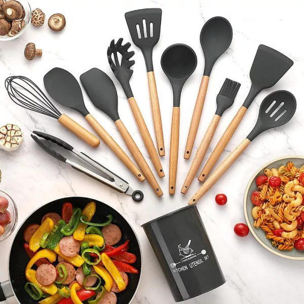 Heat Resistant Kitchen Non Toxic Spatula Set With Turner Tongs,spoon,brush,whisk-wooden Handle – Random Color