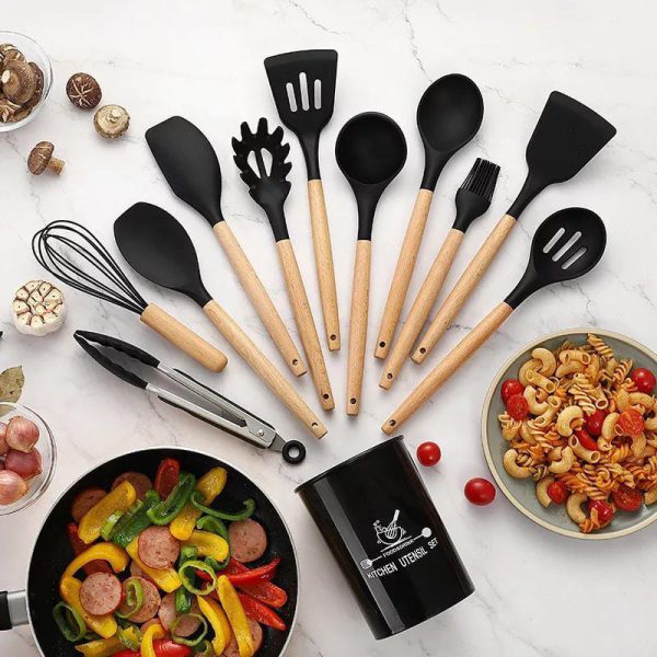 Heat Resistant Kitchen Non Toxic Spatula Set With Turner Tongs,spoon,brush,whisk-wooden Handle – Random Color