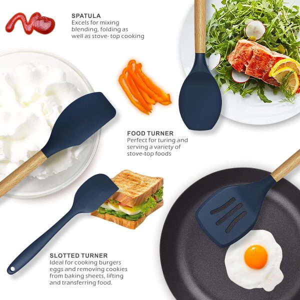 Heat Resistant Kitchen Non Toxic Spatula Set With Turner Tongs,spoon,brush,whisk-wooden Handle – Random Color