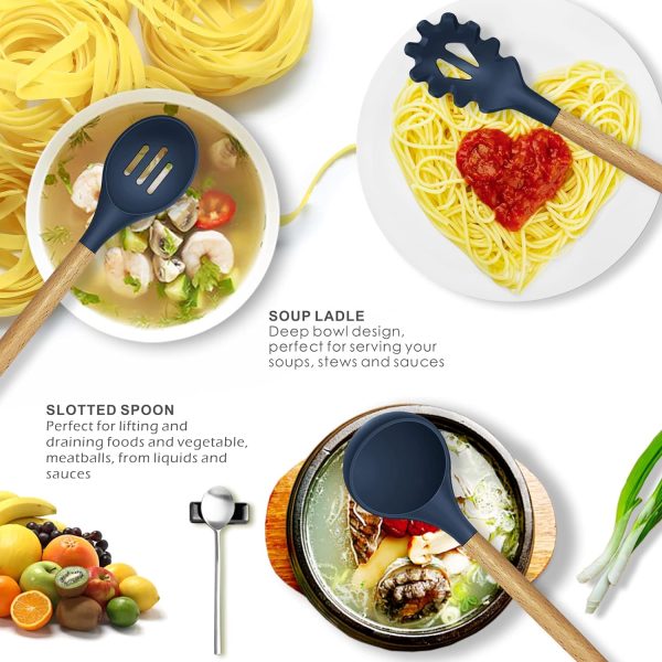 Heat Resistant Kitchen Non Toxic Spatula Set With Turner Tongs,spoon,brush,whisk-wooden Handle – Random Color