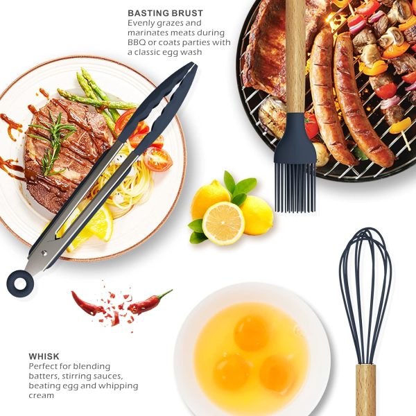 Heat Resistant Kitchen Non Toxic Spatula Set With Turner Tongs,spoon,brush,whisk-wooden Handle – Random Color
