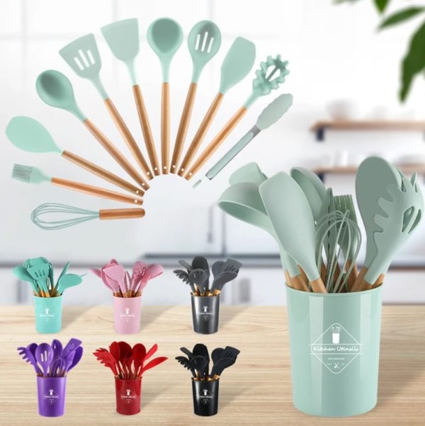Heat Resistant Kitchen Non Toxic Spatula Set With Turner Tongs,spoon,brush,whisk-wooden Handle – Random Color
