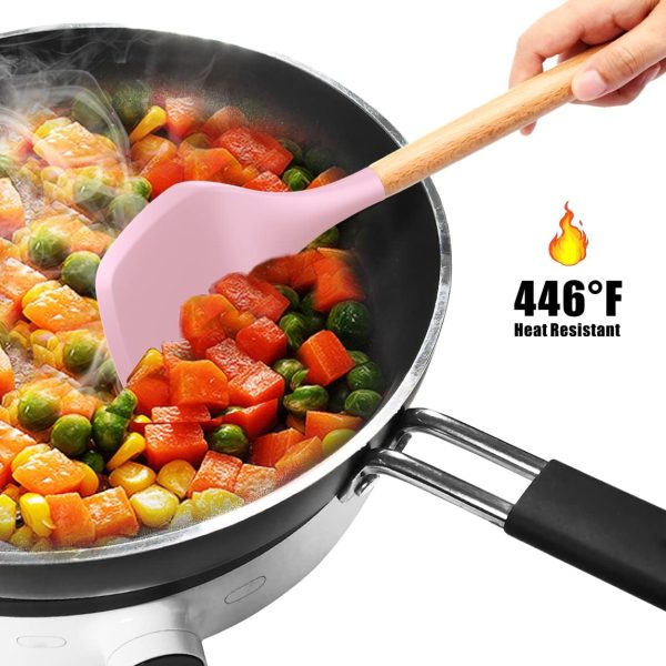 Heat Resistant Kitchen Non Toxic Spatula Set With Turner Tongs,spoon,brush,whisk-wooden Handle – Random Color