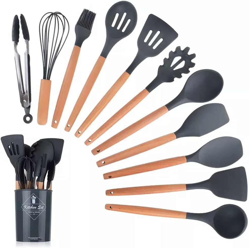 Heat Resistant Kitchen Non Toxic Spatula Set With Turner Tongs,spoon,brush,whisk-wooden Handle – Random Color